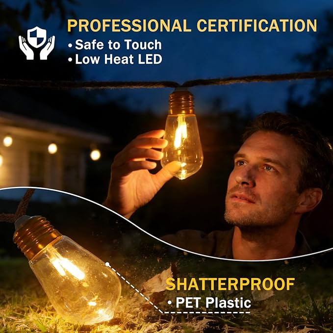 (New) Outdoor String Lights, 24FT 20 LED Hanging Bulbs Lights, IP65 Waterproof 8 Modes Plug-in Shatterproof Patio Globes Lights with Rope Hemp String for Backyard Balcony Camping Bistro - Warmwhite