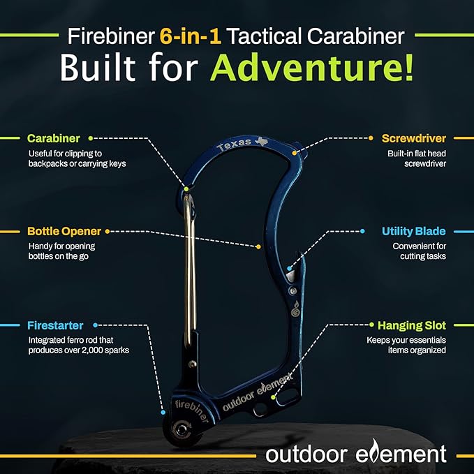 OUTDOOR ELEMENT Firebiner Custom Engraved 6-in-1 Fire Starter Carabiner Multitool – Survival Gear EDC Keychain with Utility Blade, Bottle Opener, Screwdriver, Emergency Tool