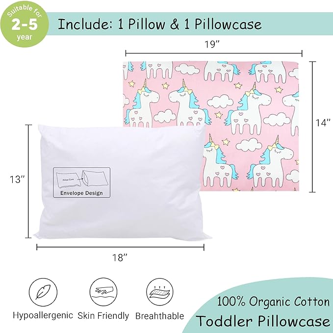 ZPECC Toddler Pillow with Pillowcase - 13x18 Organic Cotton Hypoallergenic Kids Pillow, Baby Essentials for Travel Crib Daycare Stroller (Intended for Age 2 and up) Pink Unicorn