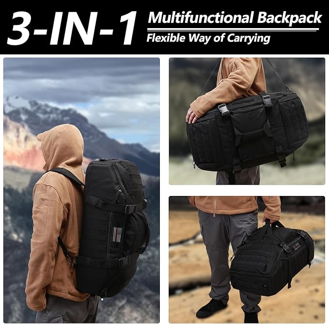 Hannibal Tactical 65L Large Duffle Bag, 3-in-1 Tactical Backpack MOLLE Pack for Workout, Sports, Gym, Outdoor, Black Red Patch