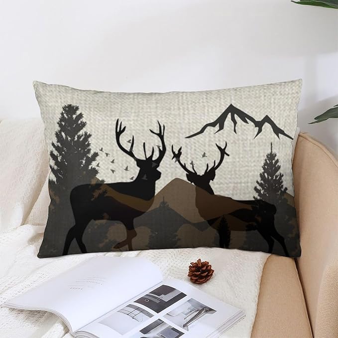 ITFRO Hand-Painted Oil Painting Rustic Forest Wildlife Deer Pine Tree Waist Lumbar Cotton Linen Throw Pillow Case Cushion Cover Long Oblong 12x20 inches (Brown)