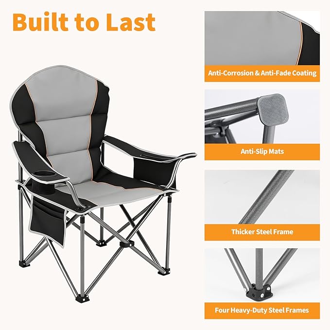 NEWBULIG Oversized Folding Camping Chairs for Adults, Heavy Duty Support 500 LBS, Portable Outdoor Collapsible Chair with Cup Holders, Side Cooler & Pockets for Lawn, Beach, Fishing, Hiking