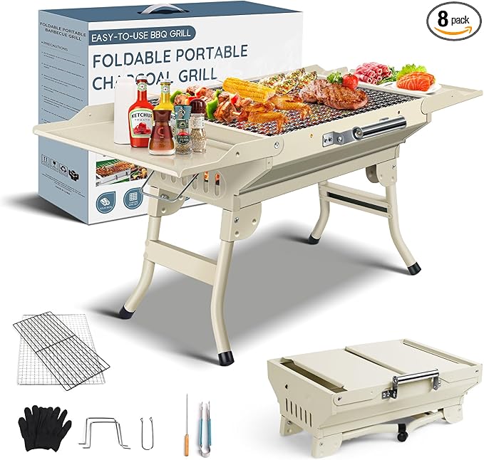Portable Charcoal Grill Foldable Grills BBQ Grill Charcoal Small Grill for Travel, Camping, Outdoor Cooking, Backyard, Hiking, Patio Garden, Picnics,Beige
