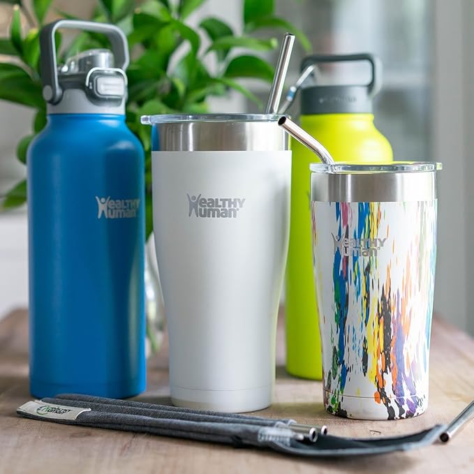 Healthy Human Set of 5 BPA Free Reusable Metal Drinking Stainless Steel Straws with Portable Travel Case -Ideal for 20oz Tumblers - 3 Straight - 2 Bent & Straw Cleaner