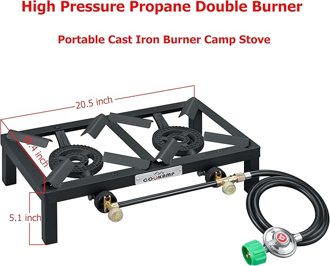 COOKAMP Propane Double Burner Angle Iron Camp Stove with CSA Listed Regulator and 4ft Hose (SA2200)