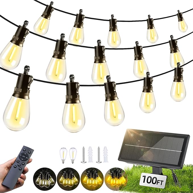 Solar Lights Outdoor Patio Lights: S14 30M 100FT Solar Powered Remote Control 3 Light Modes Dimmable Solar Waterproof Light - Shatterproof Bulbs - Camping Backyard Garden Deck Outside Yard