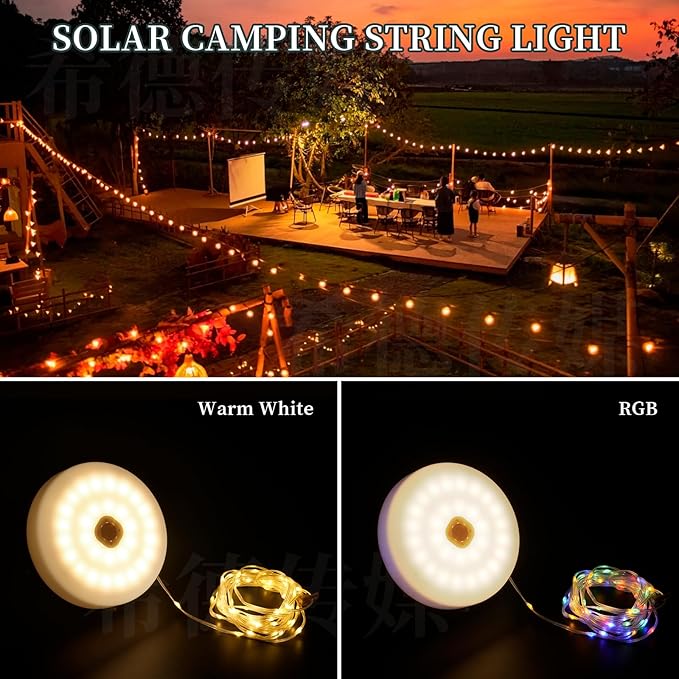 Solar Camping String Lights 130LEDs,33 FT Fairy Lights with 13 Lighting,Portable Waterproof 4 in1 Camping Lantern,Retractable Twinkle Lights for Outdoor Camping Gear Essentials Accessories