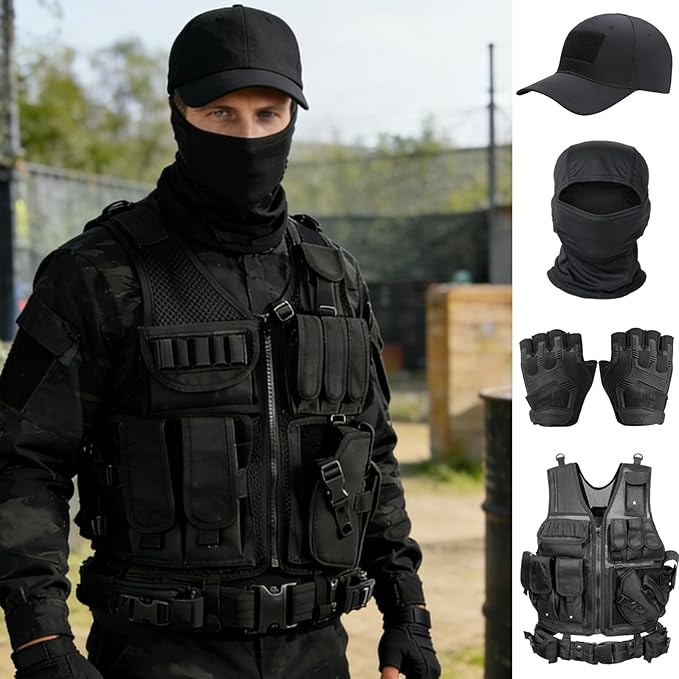 VPZenar Tactical Vest for Men, Airsoft Vest, Black Molle Vest and Cap Protective Equipment, Tactical Airsoft Gear