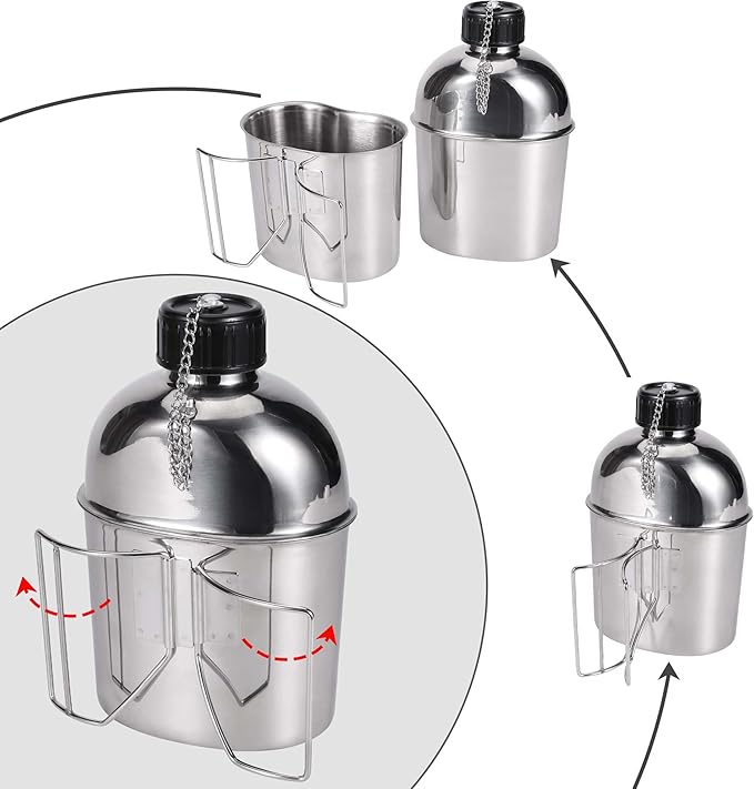 Goetland Stainless Steel WWII US Army Canteen Water Bottle Military Canteen Kit 1.3QT with 0.6QT Cup Nylon Pouch G.I.