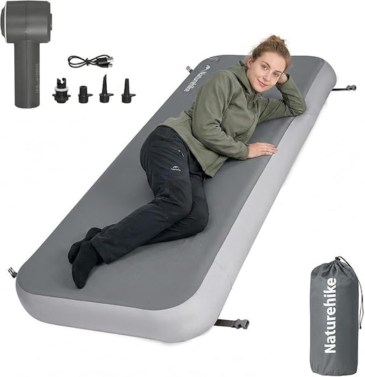 Naturehike 4" Drop Stitch Single Sleeping Pad with Electric Pump, 441 LBS Non-Collapsible Strong Support, Connectable Camping Mattress, 40s Fast Inflatable Air Mattress for Home, Camping, Guest