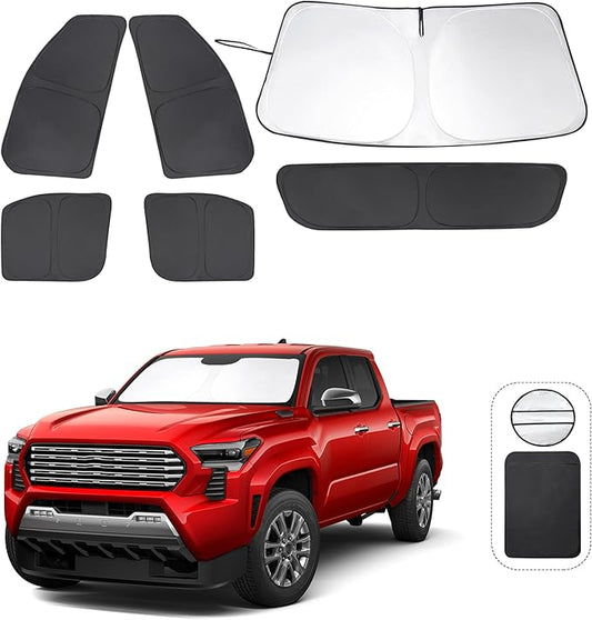 6PCS Windshield Sun Shade Custom Fit for 2024 2025 2026 Toyota Tacoma Accessories Foldable Sunshade Side Rear Window Shade Cover Full Set Privacy Protection Keeps Car Cool