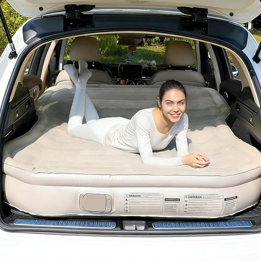 KMZ SUV Air Mattress with Built-in Pump & 2 Pillows, Thickened Flocked PVC, Quick 90-Seconds Inflation Air Bed, Portable & Durable Car Air Bed for Camping, Travel, Truck (Khaki)