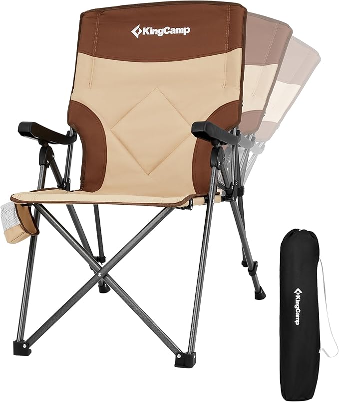 KingCamp Folding Camping Chair Adjustable 3-Position, Reclining Outdoor High Back Camp Chair with Hard Armrests, Heavy Duty Portable Chair, Dual-Layer Padded Seat & Storage for Camping, Lawn, Backyard