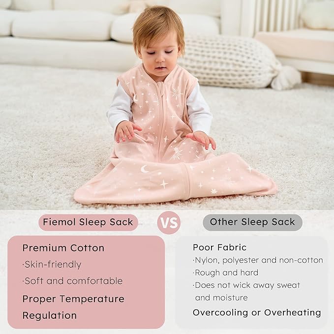 Baby Sleep Sack 18-24 months, 100% Cotton Sleeping Sack for Toddler, 3 Pack Baby Wearable Blanket, 0.5 Tog Lightweight Double Zipper Sleep Bag XLarge Pink Stars Moon