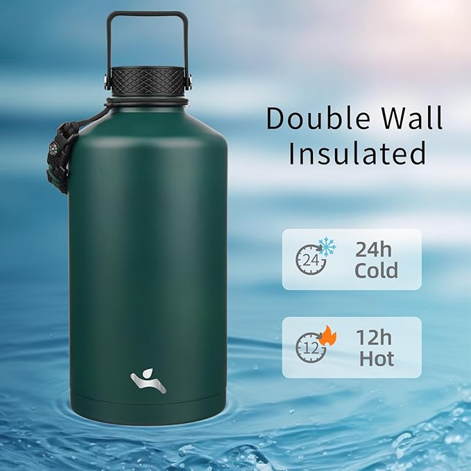 Konokyo Gallon Insulated Water Bottle with Straw,128 oz 3 Lids Water Jug with Carrying Bag,Paracord Handle, Double Wall Vacuum Stainless Steel Metal Flask,Dark Green
