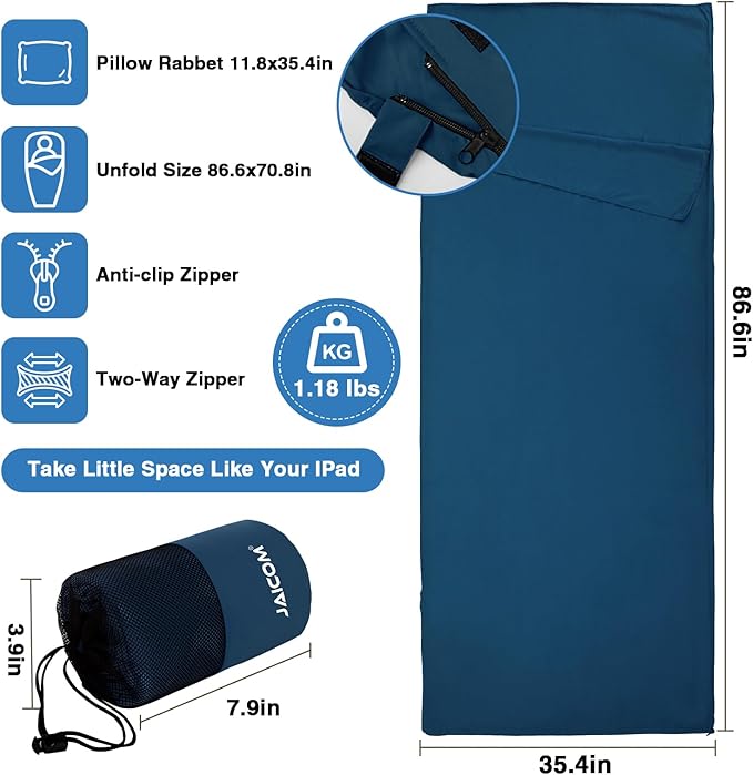 JAICOM Sleeping Bag Liner, Travel Sheets & Adult Sleep Sack, Ultralight and Portable Summer Sleeping Bag - Ideal for Backpacking, Hotels and Hostels, Business Trips, Camping