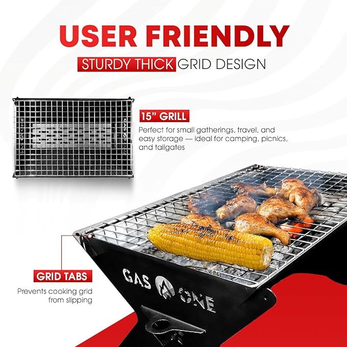 GasOne 15” Portable Charcoal Grill – Foldable BBQ Grill – Camping Grills for Backyard, Bonfire, Patio – Heavy-Duty Portable Fire Pit – Camp Cooking Gear