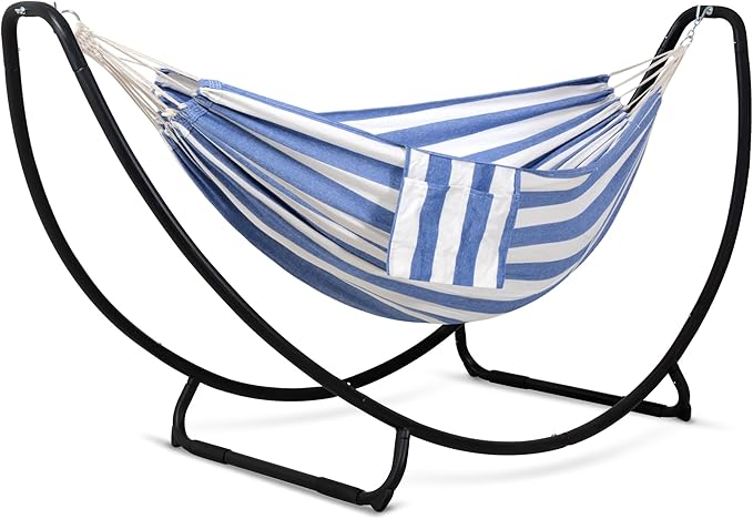 SUNCREAT Portable Large Hammock with Stand, Two Person Hammock with Stand Included, Patent Pending, Blue White