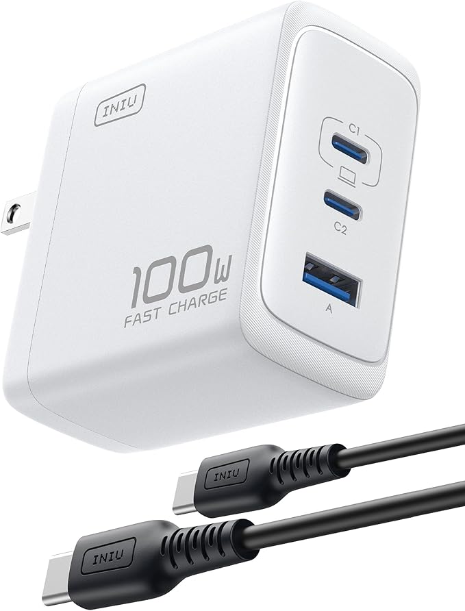INIU iPhone 17 Charger, 3-Port 100W [USB-C + USB-A] Fast Charger, Compact Foldable USBC Cargador for iPhone 17 16, MacBook Air, IPad, Samsung S25, Switch, Students, Kid, Backpacking, Hiking etc