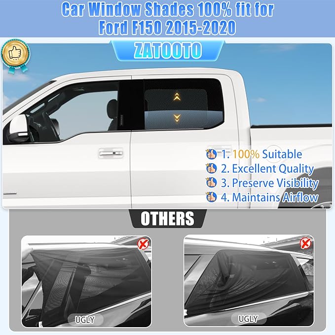 ZATOOTO Car Window Shades F150 2015-2020 for Rear Window 2Pack car Shades for Back Windows Baby & Pet | Blocks 99% UV Rays & Heat | Breathable Mesh for Privacy & Bug Protection | Camping & Travel
