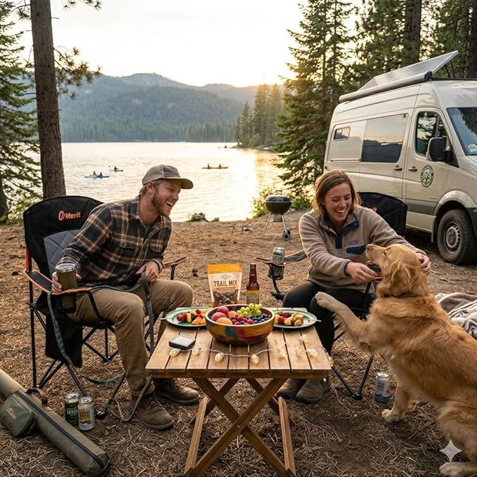 EMERIT Oversized Padded Camping Chair, 350LB Heavy Duty Quad Fold Chair with Arms, Collapsible Outdoor Chairs with Lumbar Back & Cup Holder