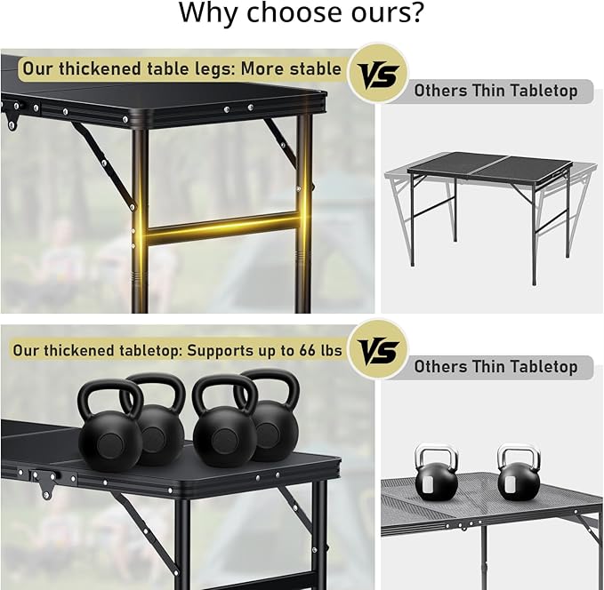 Anbte 3ft Tri-fold Camping Table Max 29.5", 3 Adjustable Heights Aluminum Folding Camping Table with Storage Bag, Lightweight, Portable Handle for Travel Outdoor Beach Picnic, 35" x 16", Black