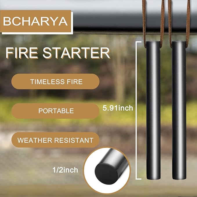 BCHARYA Fire Starter Survival Tool, Ferro Rod Kit with Leather Neck Lanyard and Multi-Tool Striker, Flint and Steel Survival Igniter with Tinder Rope and Tab for Camping, Hiking and Emergency