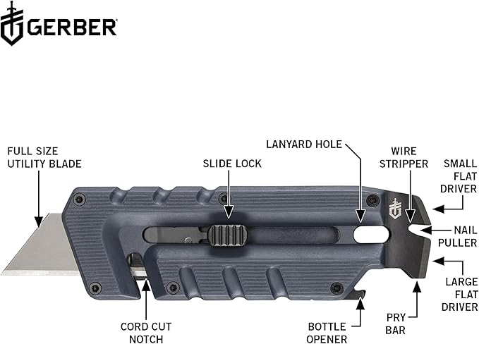Gerber Gear Prybrid with Pocket Clip, Box Cutter Retractable Blade, Heavy Duty Utility Knife with Pry Bar, Bottle Opener, and Wire Stripper, Multi tool Pocket Knife, EDC Gear, Blue with Clip