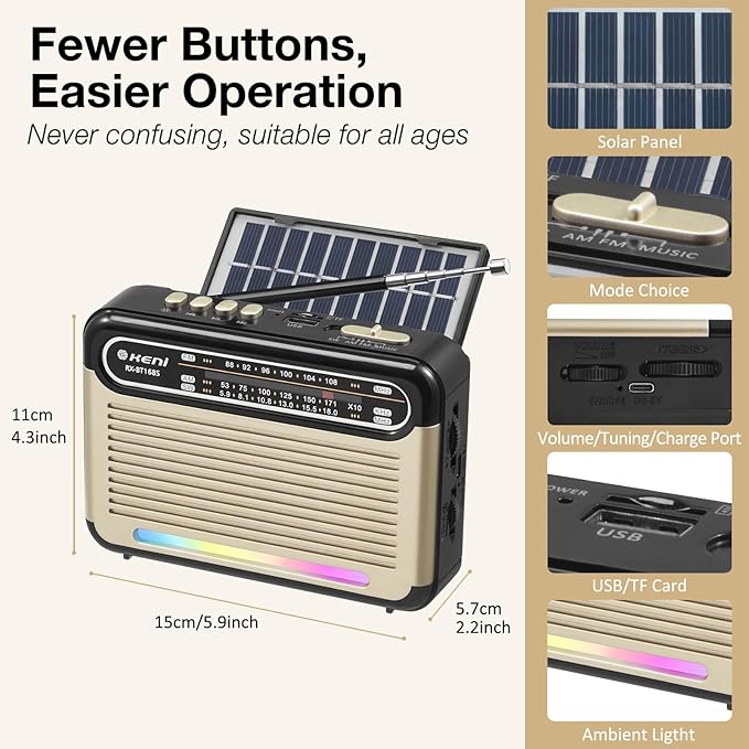 G Keni Portable Solar Radio AM FM SW with Rechargeable Battery Operated, Shortwave Bluetooth Radio Strong Reception, USB/TF Card Input, Solar Panel, Big Speaker with Ambient Light (Golden&Black)