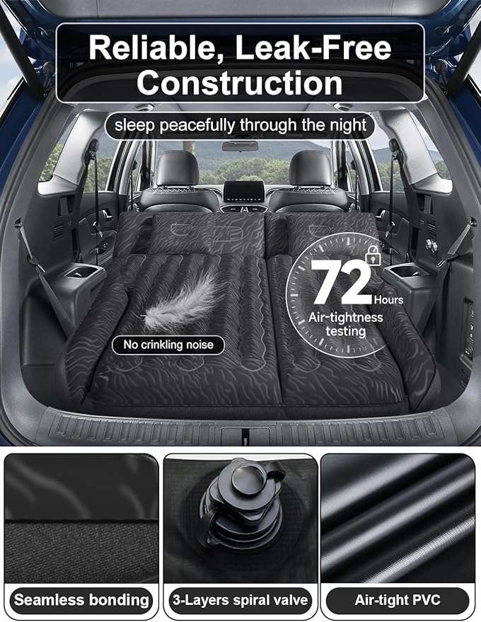 Umbrauto SUV Air Mattress, Quick Inflation Inflatable Car Camping Bed for Back Trunk Sleeping, Flocked Surface/Leakproof PVC/Reinforced Bottom Airbed Fits Most SUVs with Pump, Pillows, Carry Bag