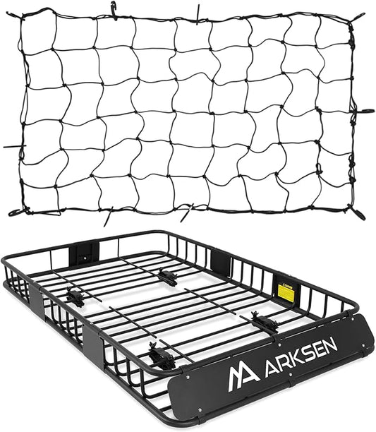ARKSEN 64" x 39" x 6" Roof Rack Basket with Extension & Cargo Net, 150 lb Heavy-Duty Steel Cargo Carrier, Fits Crossbars up to 1.38" Thick, for SUV & Pickup Truck