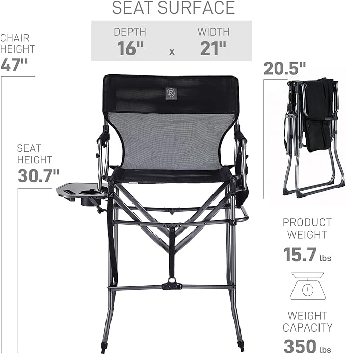 EVER ADVANCED Portable 30.7" Seat Height Tall Folding Camping Chair Directors Chair High Foldable Bar Stool with Side Table for Makeup Artist, Sports Event, Craft Show, Textilene Mesh, Supports 350LBS