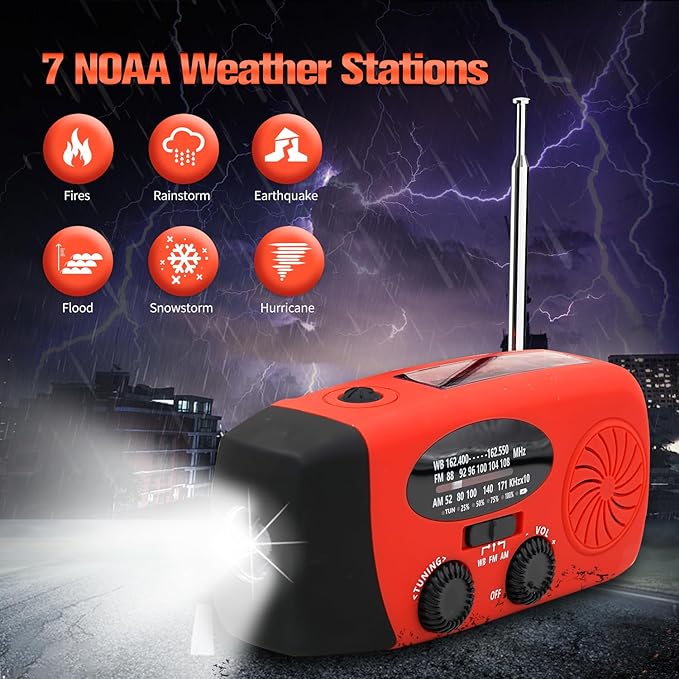 iRonsnow Solar Emergency Hand Crank Weather Radio, Portable Self Powered NOAA AM/FM Radios with SOS Alarm LED Flashlight 5000mAh Smart Phone USB Charger for Camping (Red)