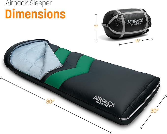 Sleeping Bag with Built-in Pad (AirPack Sleeper) - All-in-One Inflatable Sleeping Pad and Zip-Up Blanket for Camping with Built-in Foot Pump (Black/Green) 80"×30"