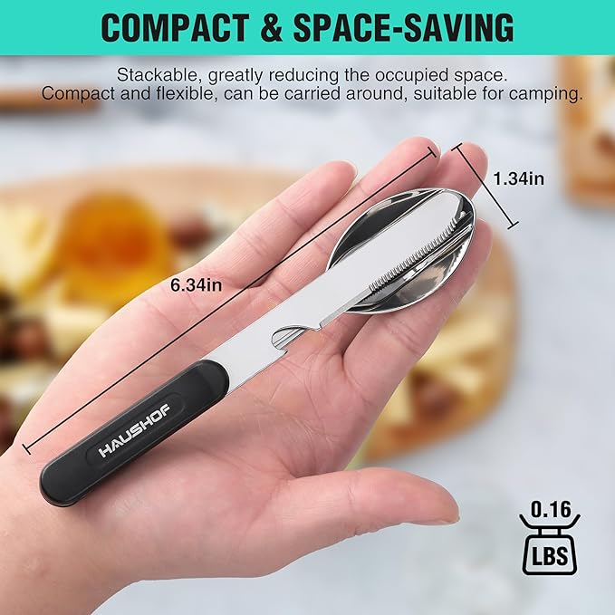 HAUSHOF 2-Pack 4-in-1 Camping Utensils, Stainless Steel Camping Eating Utensils with Carrying Bag, Detachable Spoon, Fork, Knife, Bottle Opener - Travel Utensil Set for Hiking, Picnic, Barbecue