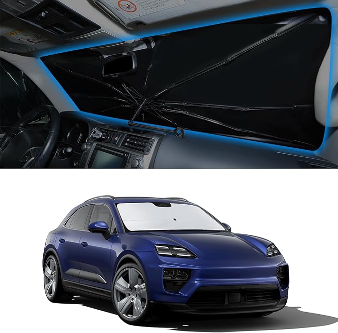 Windshield Sun Shade Umbrella Custom Fit for 2014-2024 2025 2026 Porsche Accessories Foldable Sunshade Sun Blocker Protect Car from Sun Rays & Heat Damage Keep Car Cooler