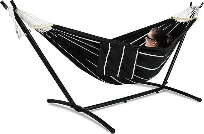GAFETE Double Hammock with Stand for Outside, Upgraded Spreader Bar, Heavy Duty Space Saving Steel Stand 2 Person, Side Pockets, Easy Assembly, 600lbs Weight Capacity, Indoor & Outdoor (Darkness)