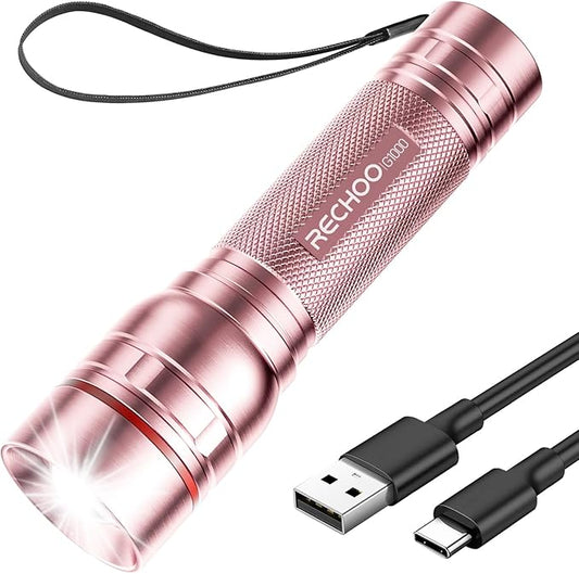 Flashlight Rechargeable High Lumens, G1000 Super Bright Flash Light Pink, Small Zoomable LED Flashlight with 3 Lighting Modes, Portable Tactical Flashlight for Camping Essentials, Gifts for Women