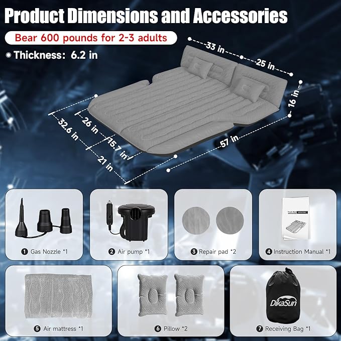 Inflatable SUV Air Mattress Bed Car Mattress, Double-Sided Flocking Travel Camping Bed, Car Sleeping Mattress for Universal SUV with Air Pump 2 Pillows