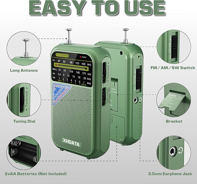 XHDATA D221 NOAA Weather Radio Portable AM FM Shortwave Radio Receiver, 2 AA Battery Operated, Transistor Radio with Excellent Reception for Gift, Family, Elder (Green)