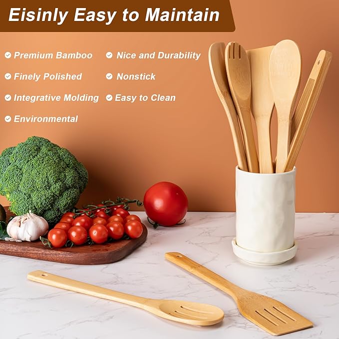Eisinly Wooden Spoons for Cooking 7-Piece, Kitchen Nonstick Bamboo Cooking Utensils Set, Durability Wooden Spatula Spoon for Everyday Use, Smooth Edge