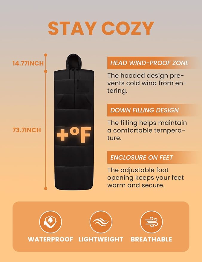 Adult Wearable Sleeping Bag with Hoodie, Sleeveless Design Adjustable Drawstring Waterproof Wearable Sleeping Bag Ideal for Camping, Cold Weather