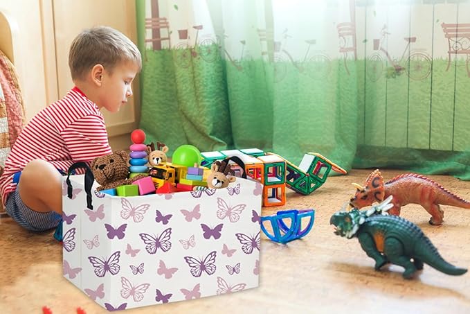 Essme Rectangular Butterfly Baskets,Kids Storage Basket with Handles for Girls Room Decor, Girls Storage Bin（Purple Butterfly）