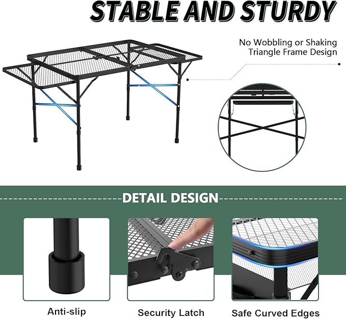 WildFinder Folding Table with 2 Wing Panels, 3x2 FT Camping Table with Mesh Desktop,Height Adjustable Folding Grill Table with Mesh Bag,Portable Outdoor Table for Picnic,Camping,BBQ,Beach(Black)
