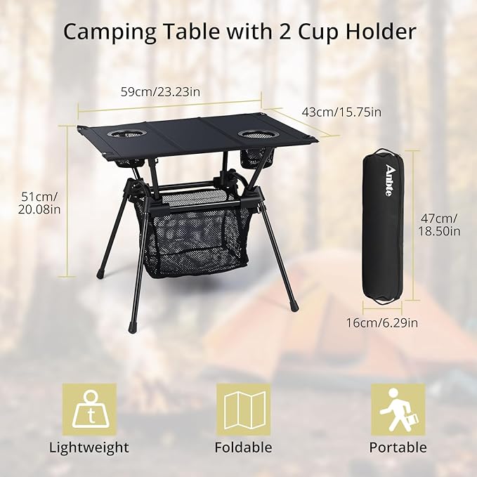 Anbte Ultralight Portable Camping Table, 3.2lb Folding Camping Table with Cup Holders & Storage Net, 20in Height for Camping Hiking Tailgating Beach Picnic Travel Patio, 23" x 16", Black