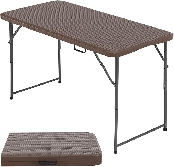 FDW 4FT Folding Table Half Portable Foldable Table Picnic Table for Office Home Camping Party (Brown Ratten)