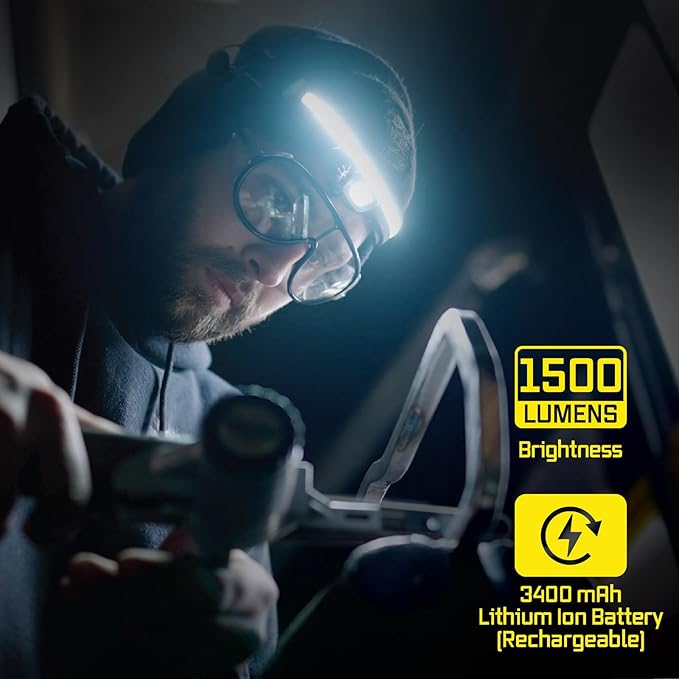 OPTIMAL VENTURES LITEBAND PRO Multi-Beam Rechargeable LED Headlamp, 1500 Lumens, 210° Wide Beam + Focused Spot, Hard Hat Compatible, Professional No-Bounce Fit, IPX5 Weather Resistant, Yellow