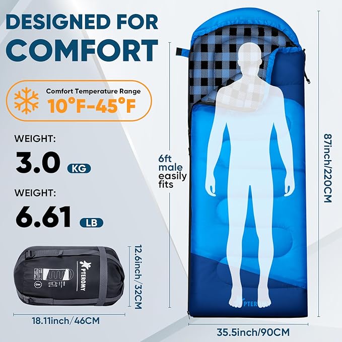 PTEROMY Sleeping Bags for Adults, Lightweight and Machine Washable, Water Resistant Backpacking Camping Sleeping Bag for Warm Cold Weather, Camping Essentials for Hiking Travel