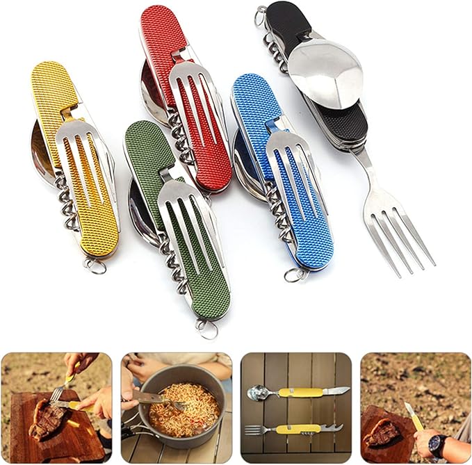 6-in-1 Multi-Function Camping Flatware Utensil Folding Knife Cutlery Detachable Pocket Kits with Carrying Pouch (Gold + Blue)