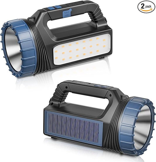 E-SHIDAI Solar Flashlight，Solar Powered Flashlight for Multi Function 8000 Lumens with Emergency，Portable Bright Camping Rechargeable Flashlights for Home, Outdoor Hiking, Power Outages（2pcs）